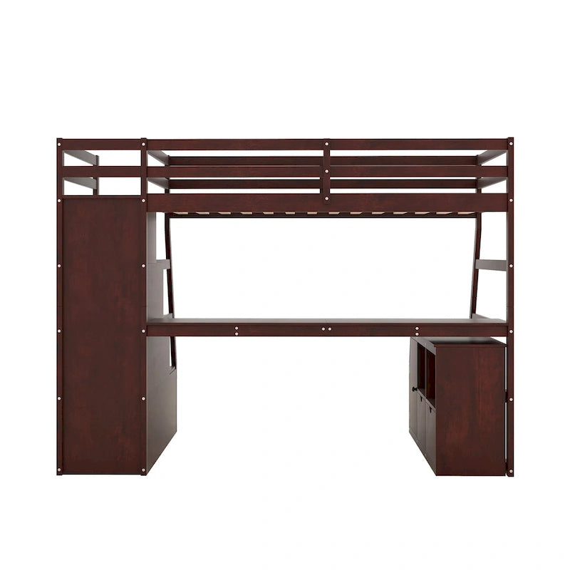 Letto a soppalco in legno color espresso, misura singola, con cassetti, ripiani e scrivania