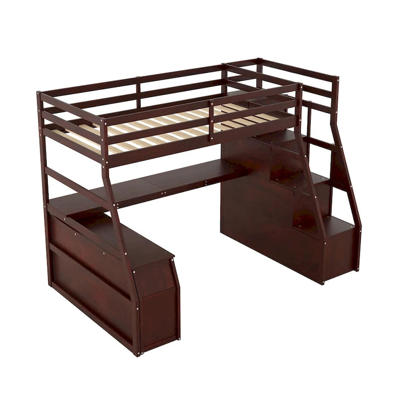 Letto a soppalco in legno color espresso, misura singola, con cassetti, ripiani e scrivania
