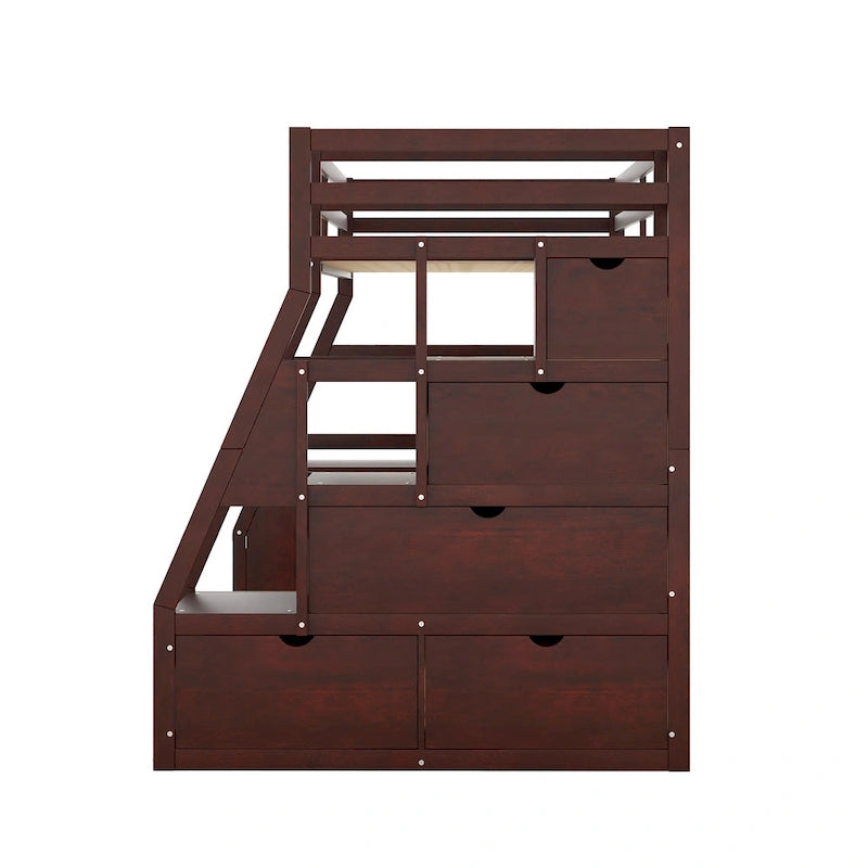 Letto a soppalco in legno color espresso, misura singola, con cassetti, ripiani e scrivania