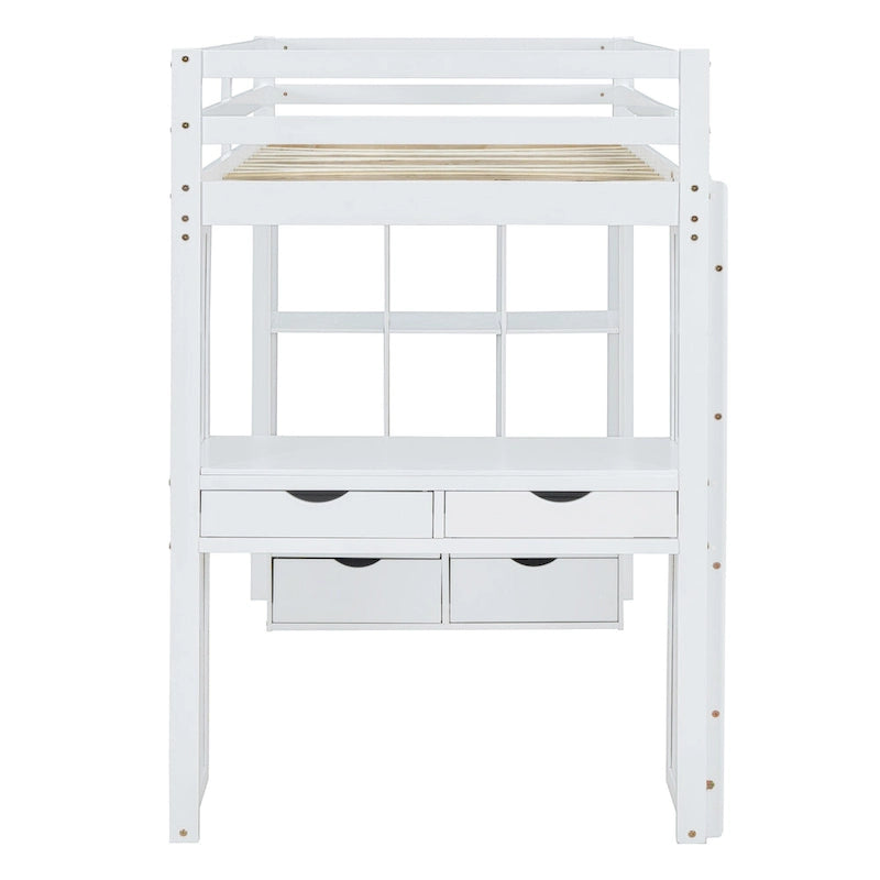 White Full Size Solid Wood Loft Bed with Shelves & LED Light