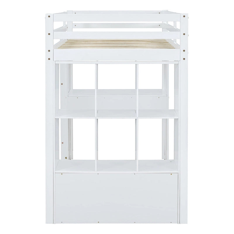Letto a soppalco bianco matrimoniale in legno massello con ripiani e luce LED