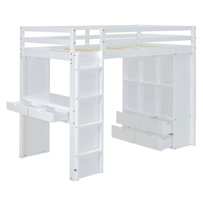 Letto a soppalco bianco matrimoniale in legno massello con ripiani e luce LED