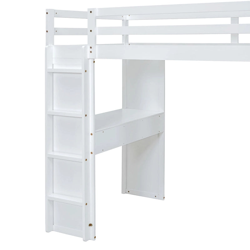 Letto a soppalco bianco matrimoniale in legno massello con ripiani e luce LED