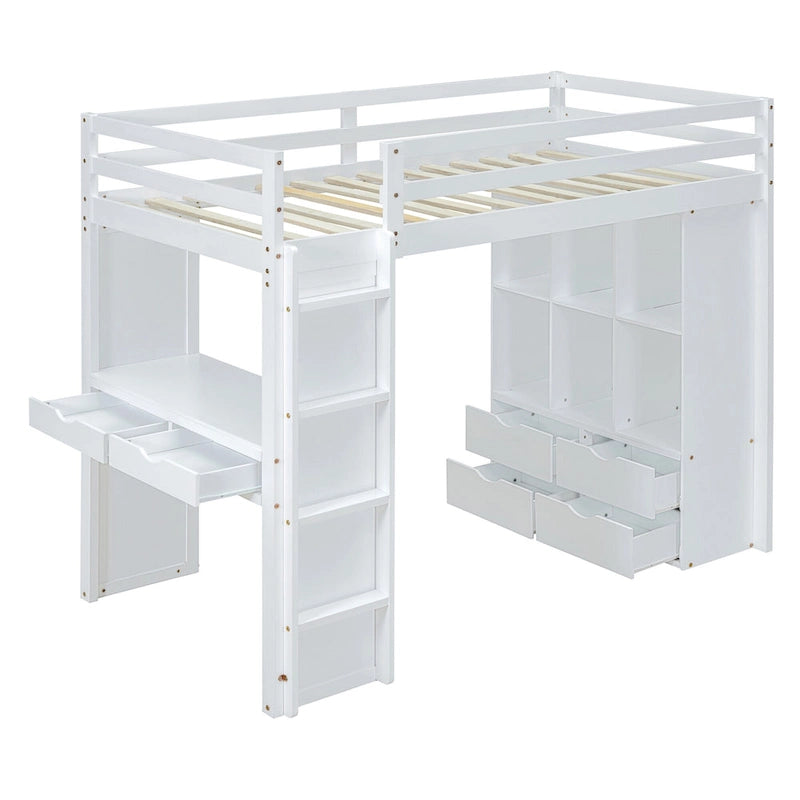 Letto a soppalco bianco matrimoniale in legno massello con ripiani e luce LED