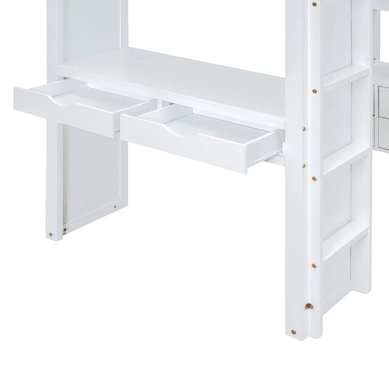 Letto a soppalco bianco matrimoniale in legno massello con ripiani e luce LED