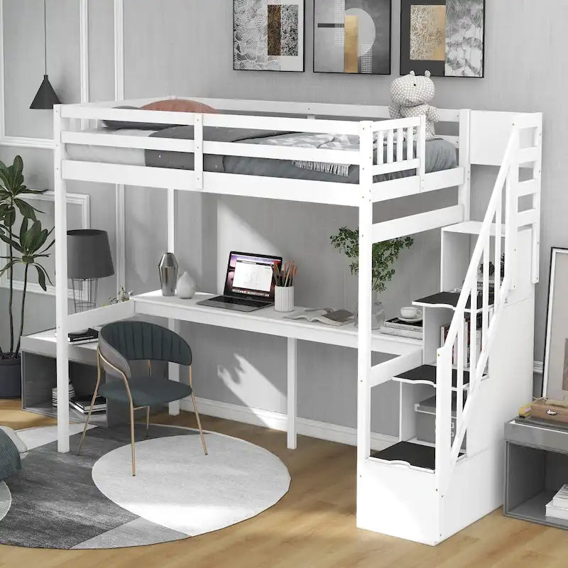 Hochbett aus Kiefernholz für Einzelmatratze mit Schreibtisch und Treppe
