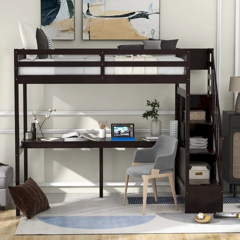 Hochbett aus Kiefernholz für Einzelmatratze mit Schreibtisch und Treppe