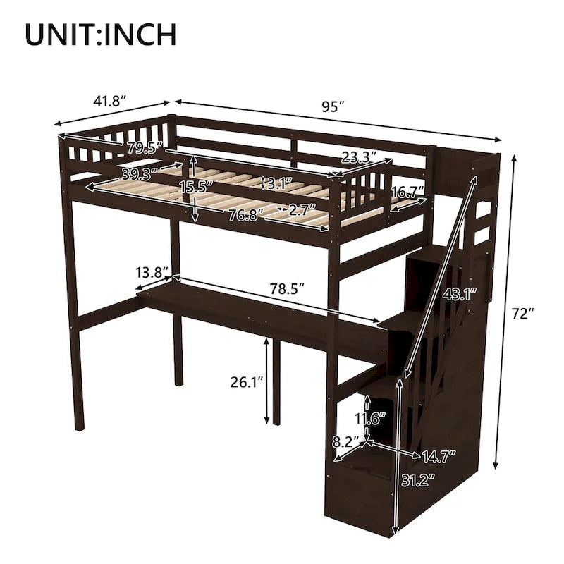 Hochbett aus Kiefernholz für Einzelmatratze mit Schreibtisch und Treppe