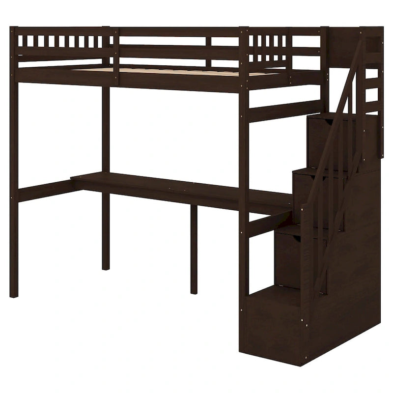 Hochbett aus Kiefernholz für Einzelmatratze mit Schreibtisch und Treppe