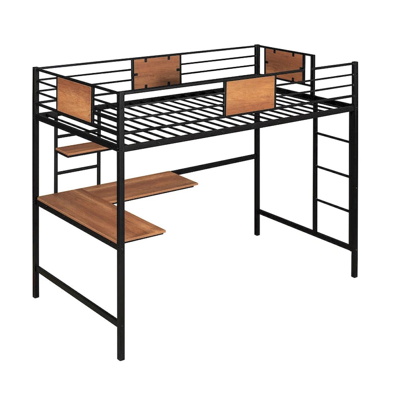 Black Twin Metal Loft Bed with Desk & Shelf