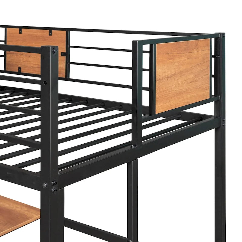 Letto a soppalco in metallo nero singolo con scrivania e ripiano