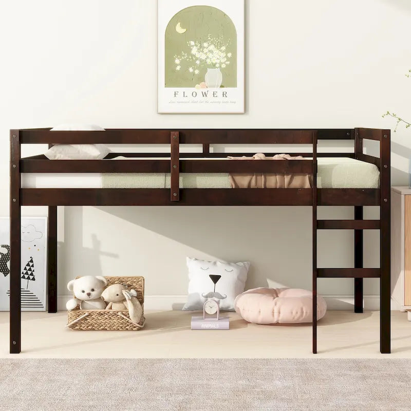Letto a soppalco in legno di gomma color espresso singolo con doghe rinforzate