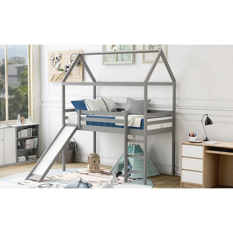 Letto a soppalco in pino singolo a forma di casetta con scivolo