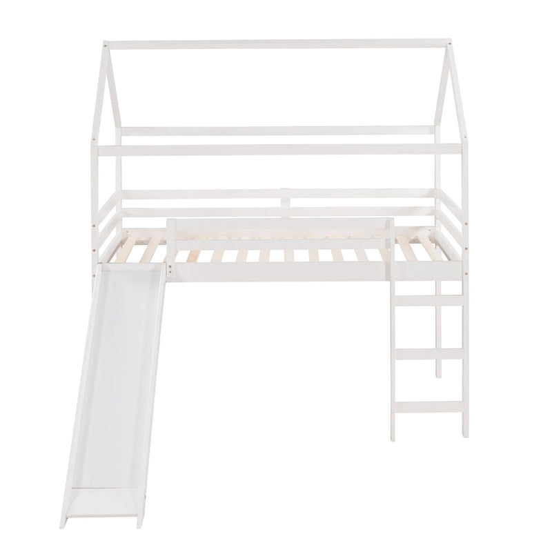 Letto a soppalco in pino singolo a forma di casetta con scivolo