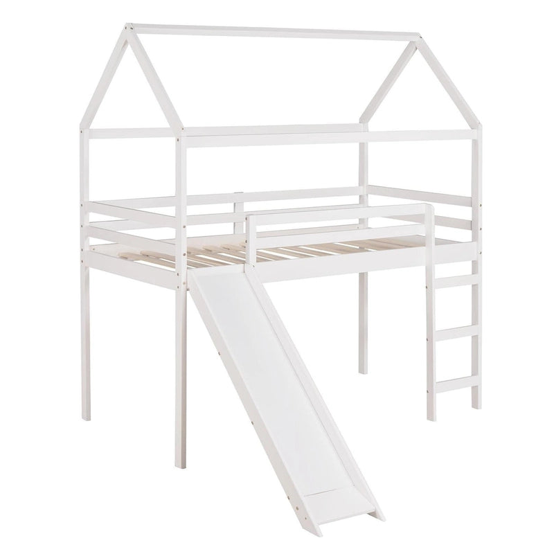 Letto a soppalco in pino singolo a forma di casetta con scivolo