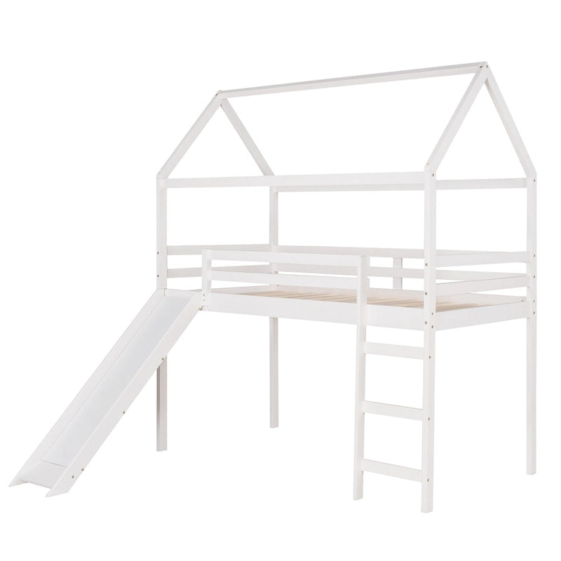 Letto a soppalco in pino singolo a forma di casetta con scivolo