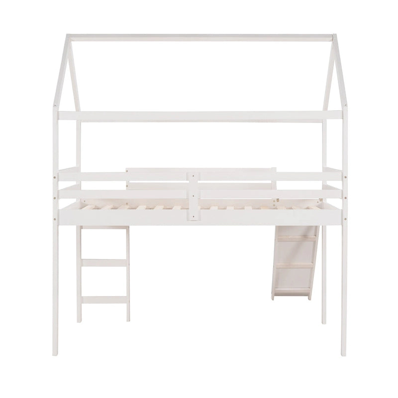 Letto a soppalco in pino singolo a forma di casetta con scivolo