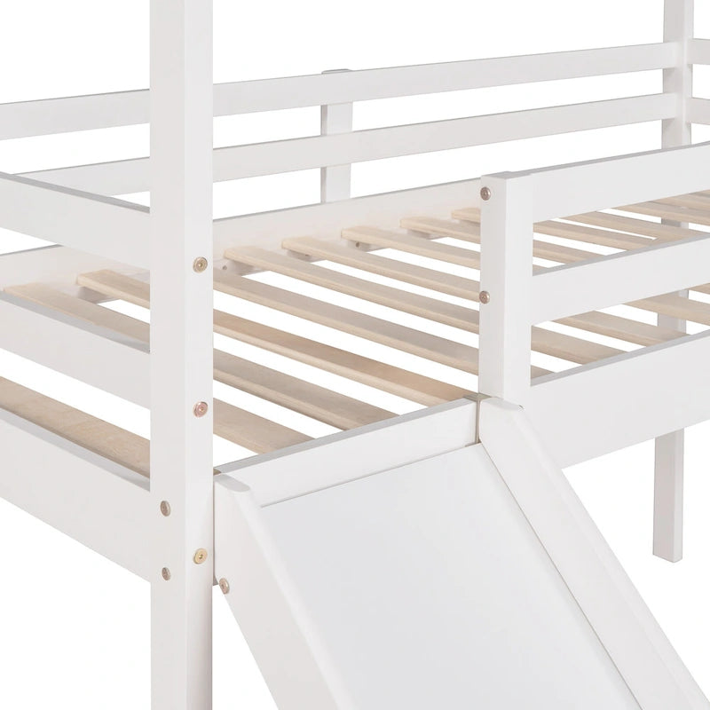 Letto a soppalco in pino singolo a forma di casetta con scivolo