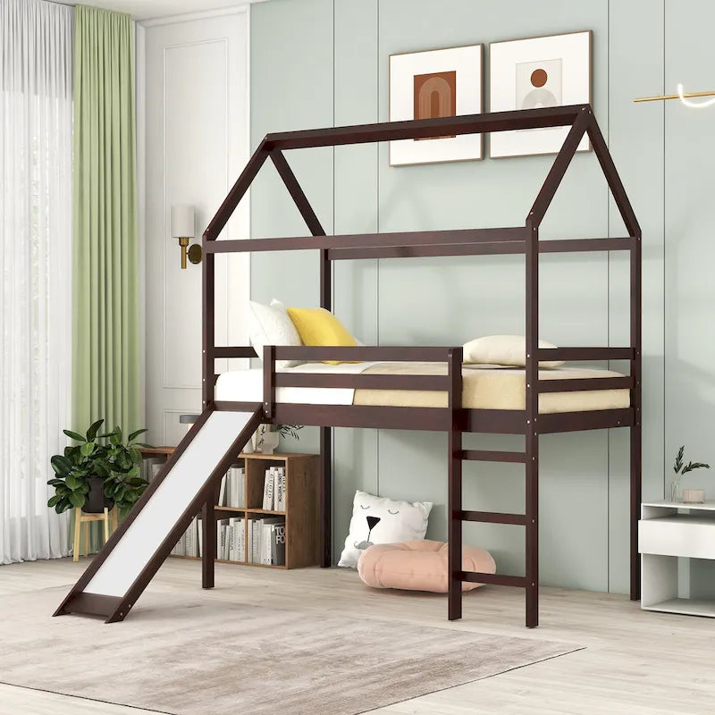 Letto a soppalco in pino singolo a forma di casetta con scivolo