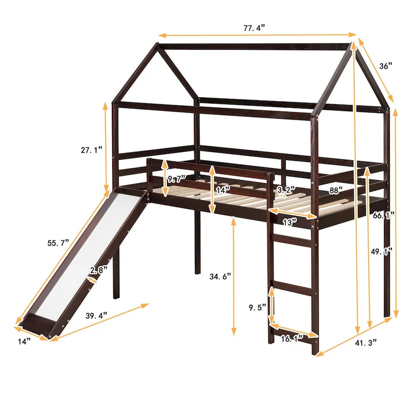 Letto a soppalco in pino singolo a forma di casetta con scivolo
