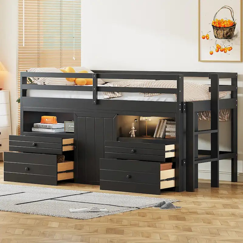 Letto a soppalco singolo in legno massello color espresso con cassetti e armadietto