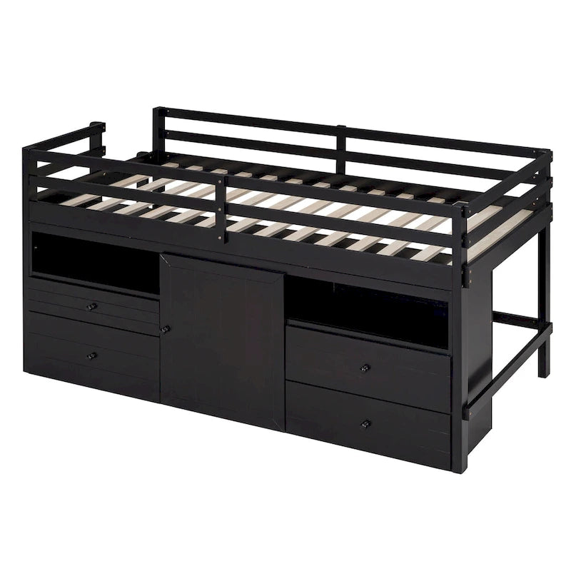 Letto a soppalco singolo in legno massello color espresso con cassetti e armadietto