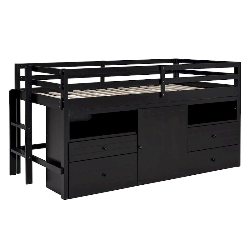 Letto a soppalco singolo in legno massello color espresso con cassetti e armadietto