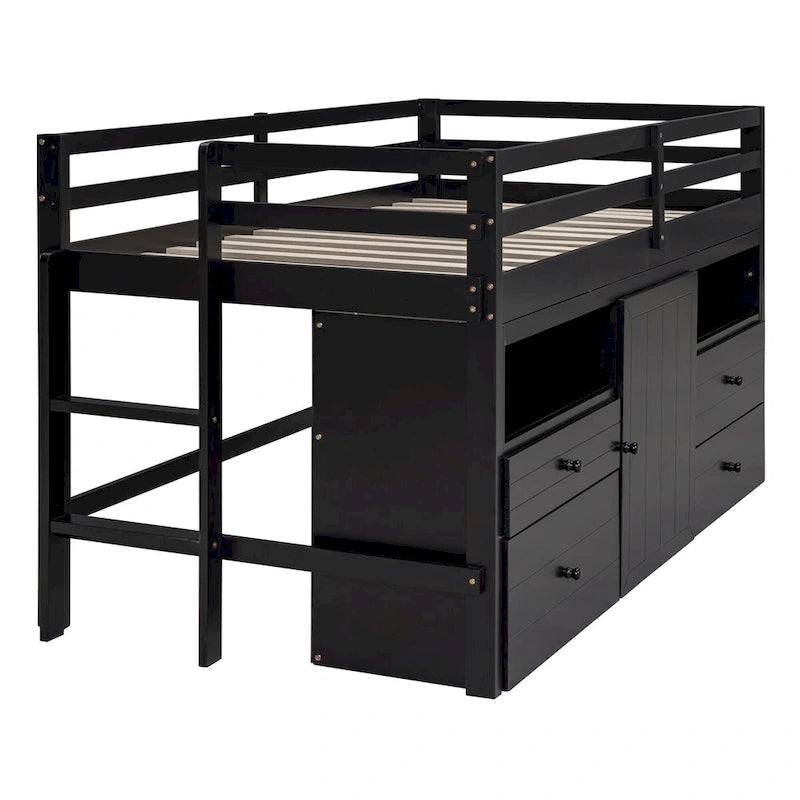 Letto a soppalco singolo in legno massello color espresso con cassetti e armadietto