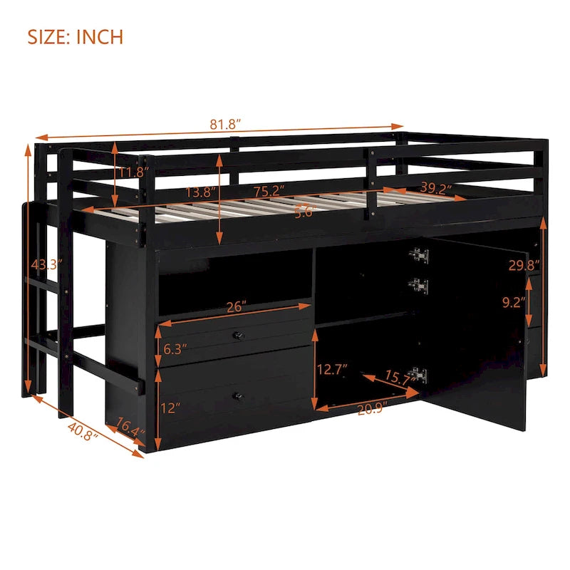 Letto a soppalco singolo in legno massello color espresso con cassetti e armadietto
