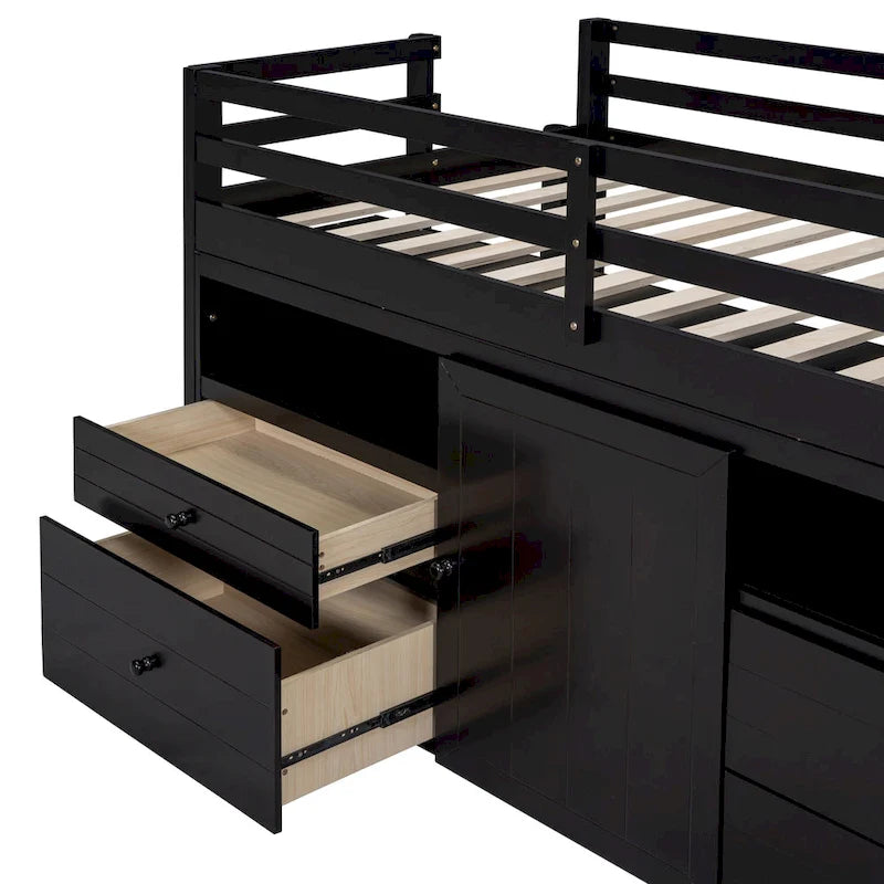 Letto a soppalco singolo in legno massello color espresso con cassetti e armadietto