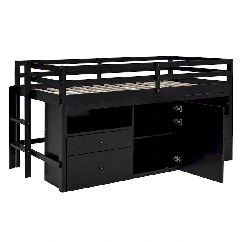 Letto a soppalco singolo in legno massello color espresso con cassetti e armadietto