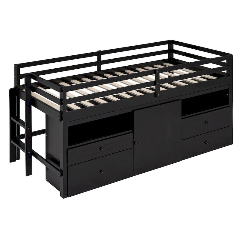 Letto a soppalco singolo in legno massello color espresso con cassetti e armadietto