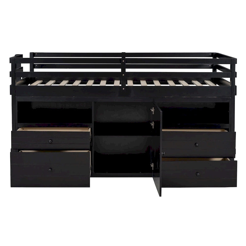 Letto a soppalco singolo in legno massello color espresso con cassetti e armadietto