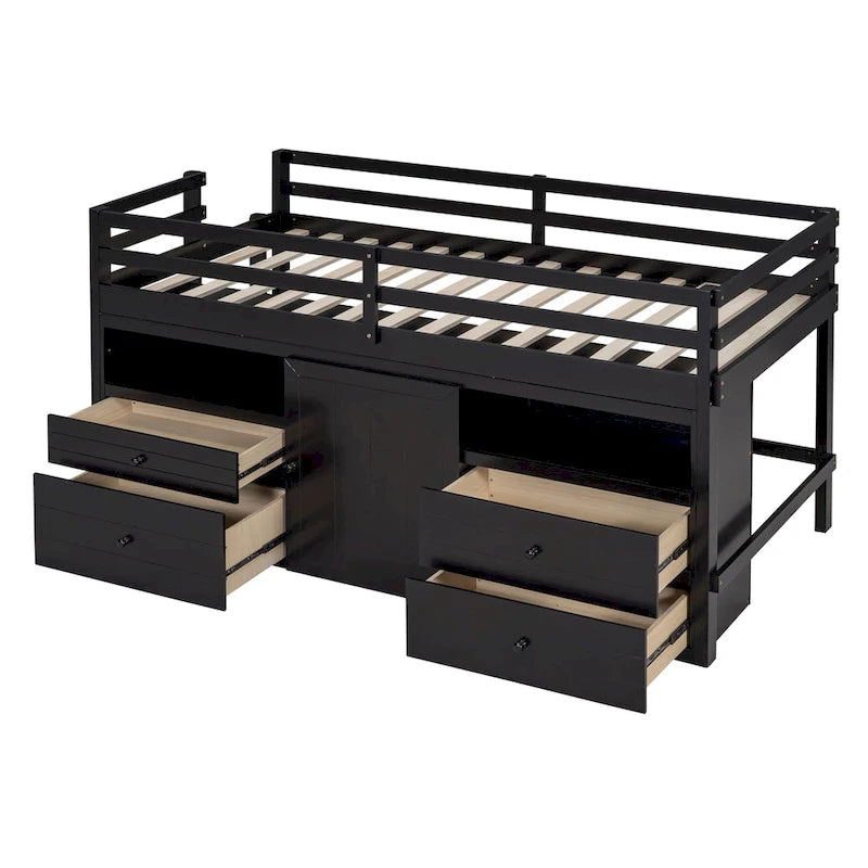 Letto a soppalco singolo in legno massello color espresso con cassetti e armadietto