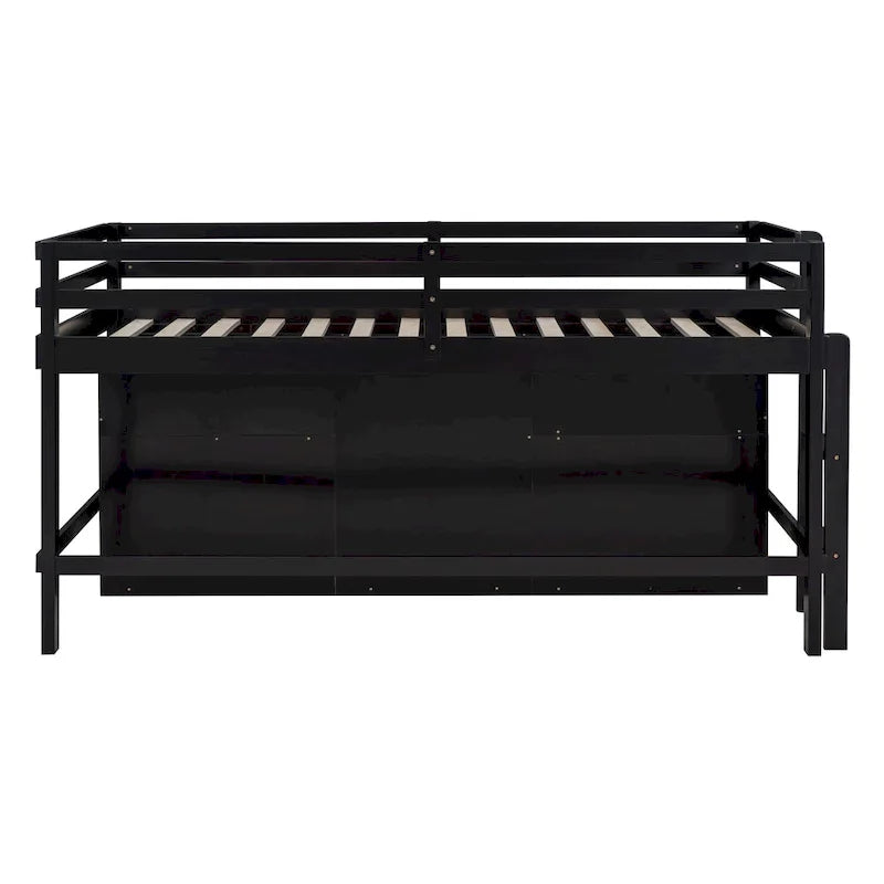 Letto a soppalco singolo in legno massello color espresso con cassetti e armadietto