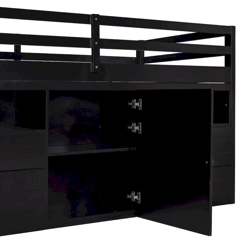 Letto a soppalco singolo in legno massello color espresso con cassetti e armadietto