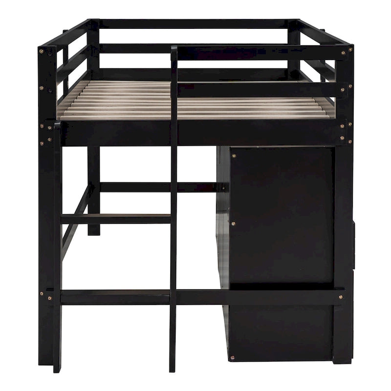 Letto a soppalco singolo in legno massello color espresso con cassetti e armadietto