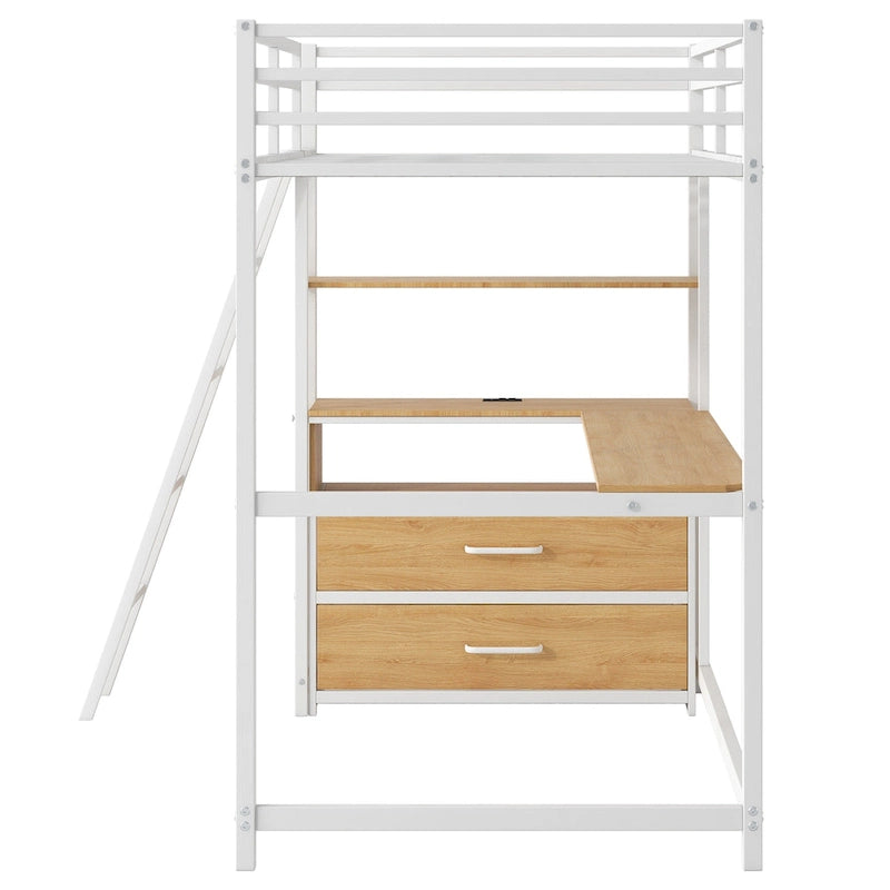 Letto a soppalco singolo in legno naturale rovere + metallo bianco anticato con scrivania e luce LED