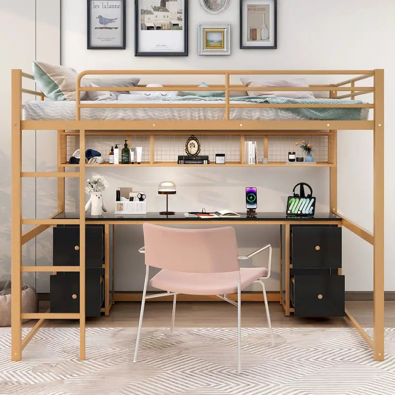 Gold+Black Full Metal Loft Bed with Desk, Drawers & Charging Station
