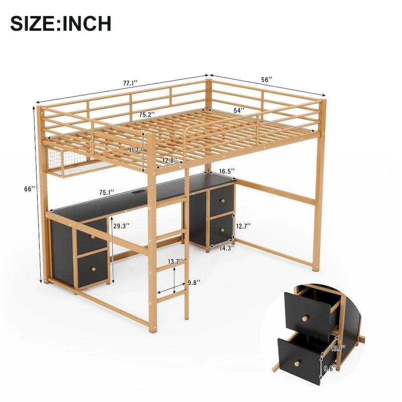 Gold+Schwarzes Metall-Hochbett in Full-Größe mit Schreibtisch, Schubladen und Ladestation