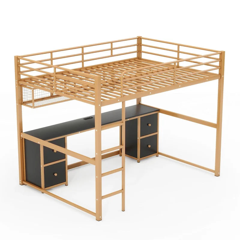 Gold+Schwarzes Metall-Hochbett in Full-Größe mit Schreibtisch, Schubladen und Ladestation