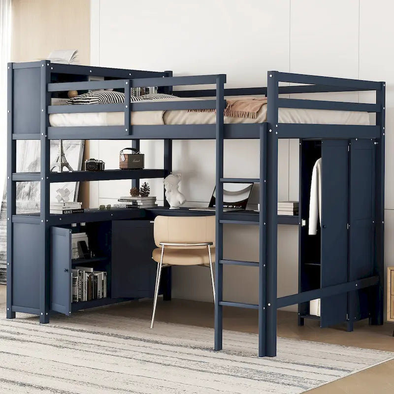 Letto a soppalco matrimoniale in legno di pino blu scuro con armadietto, libreria e scrivania