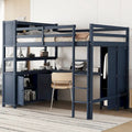 Letto a soppalco matrimoniale in legno di pino blu scuro con armadietto, libreria e scrivania