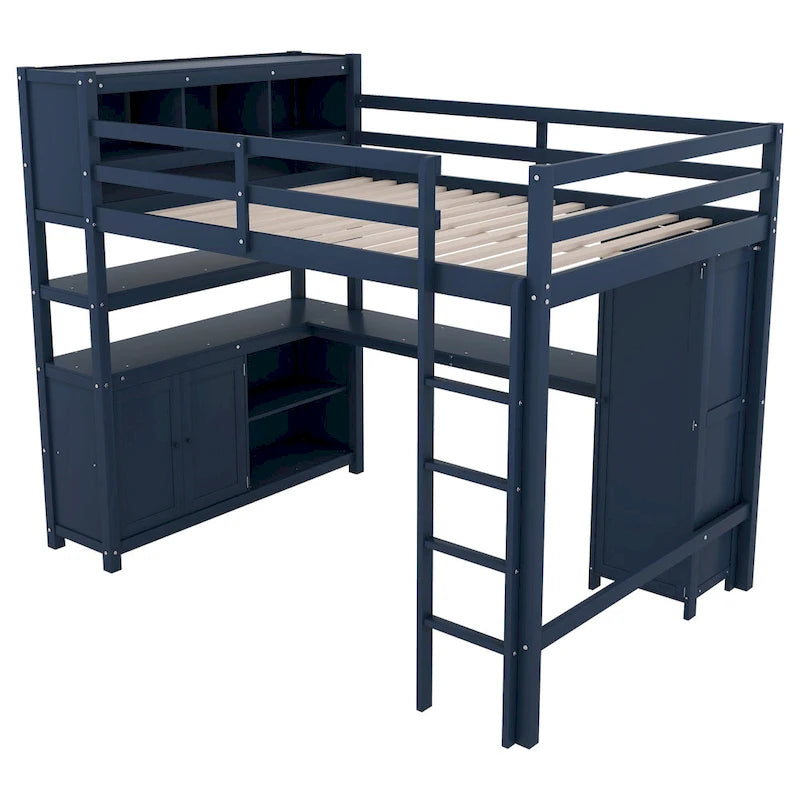 Dark Blue Full Size Pine Wood Loft Bed with Cabinet, Bookshelf, and Desk