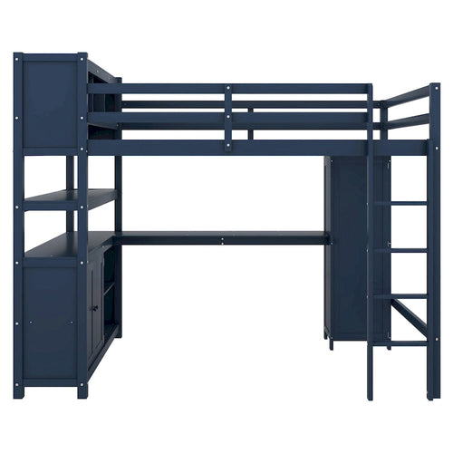 Letto a soppalco matrimoniale in legno di pino blu scuro con armadietto, libreria e scrivania
