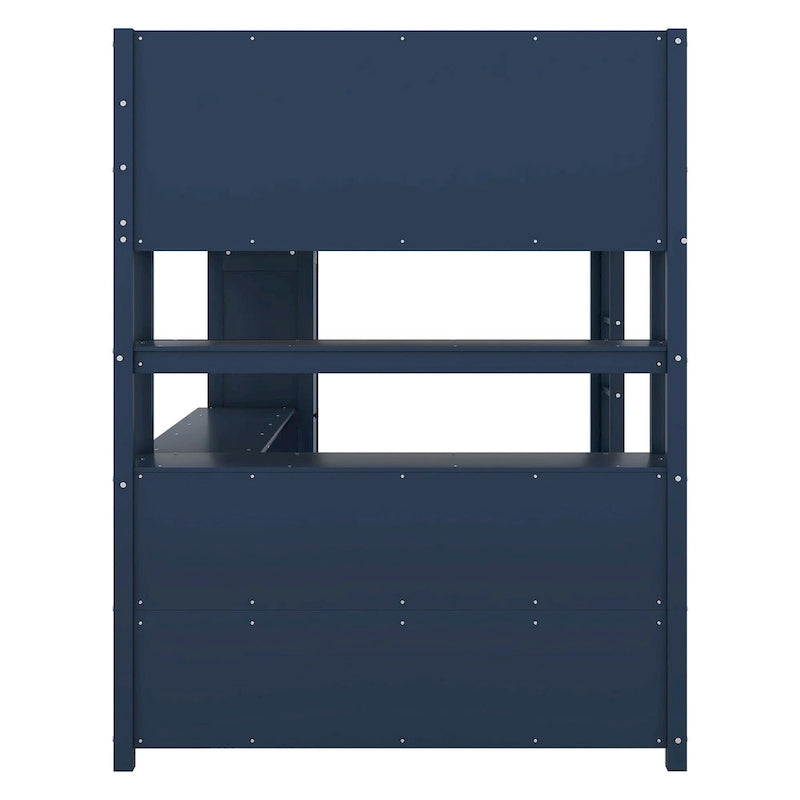 Letto a soppalco matrimoniale in legno di pino blu scuro con armadietto, libreria e scrivania