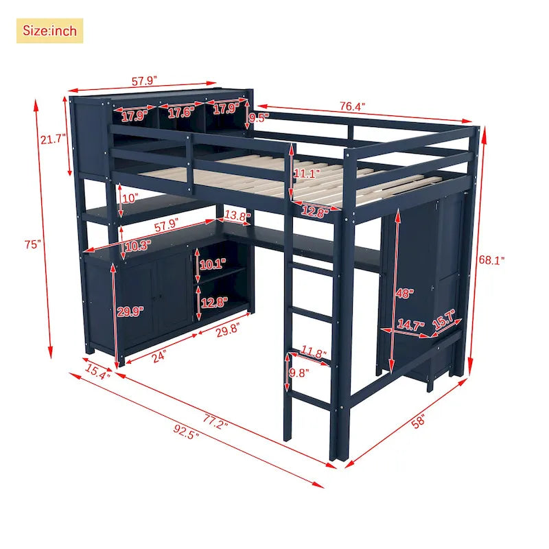 Letto a soppalco matrimoniale in legno di pino blu scuro con armadietto, libreria e scrivania