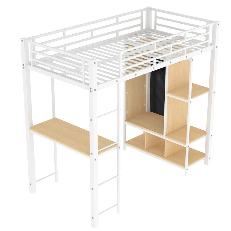 Letto a soppalco singolo in metallo bianco con armadio integrato e scrivania