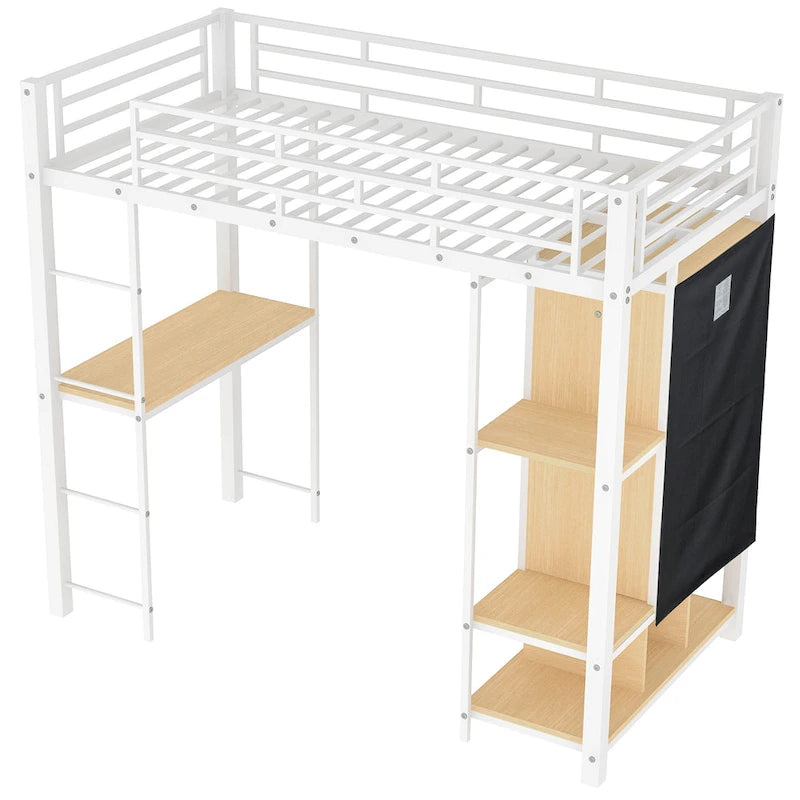 Letto a soppalco singolo in metallo bianco con armadio integrato e scrivania