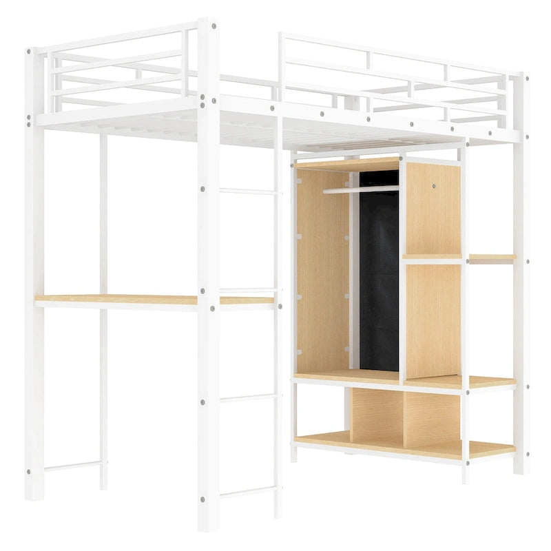 Letto a soppalco singolo in metallo bianco con armadio integrato e scrivania